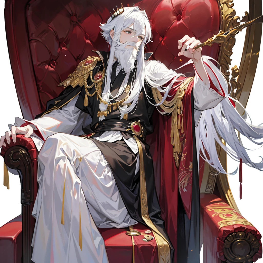 A 40 year old king, he is sitting on a throne in a red and white elegant castle, He has white hair and ruby eyes., He has a well-groomed beard and a wise and elegant face., He wears the clothes of a noble king with esoteric beliefs, black and white clothes and a red cape.
anime style illustration, HD, 4k , detailed and well done