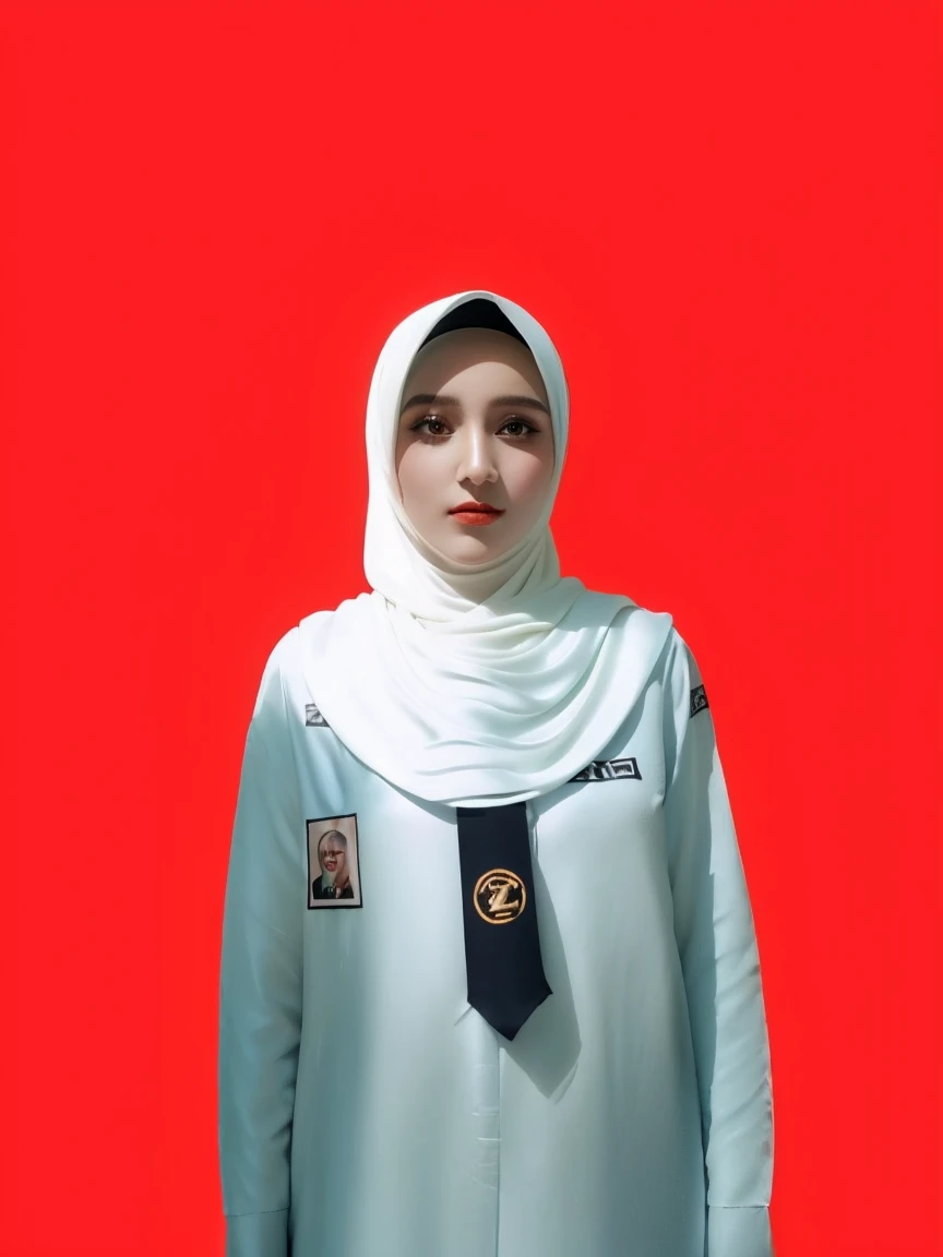 RAW photo of a 24 year old girl wearing hijab, satin abaya, satin, hijab face portrait, neutral background, 8k uhd, dslr, soft lighting, high quality, film grain, Fujifilm XT3, covered dress, decent dress