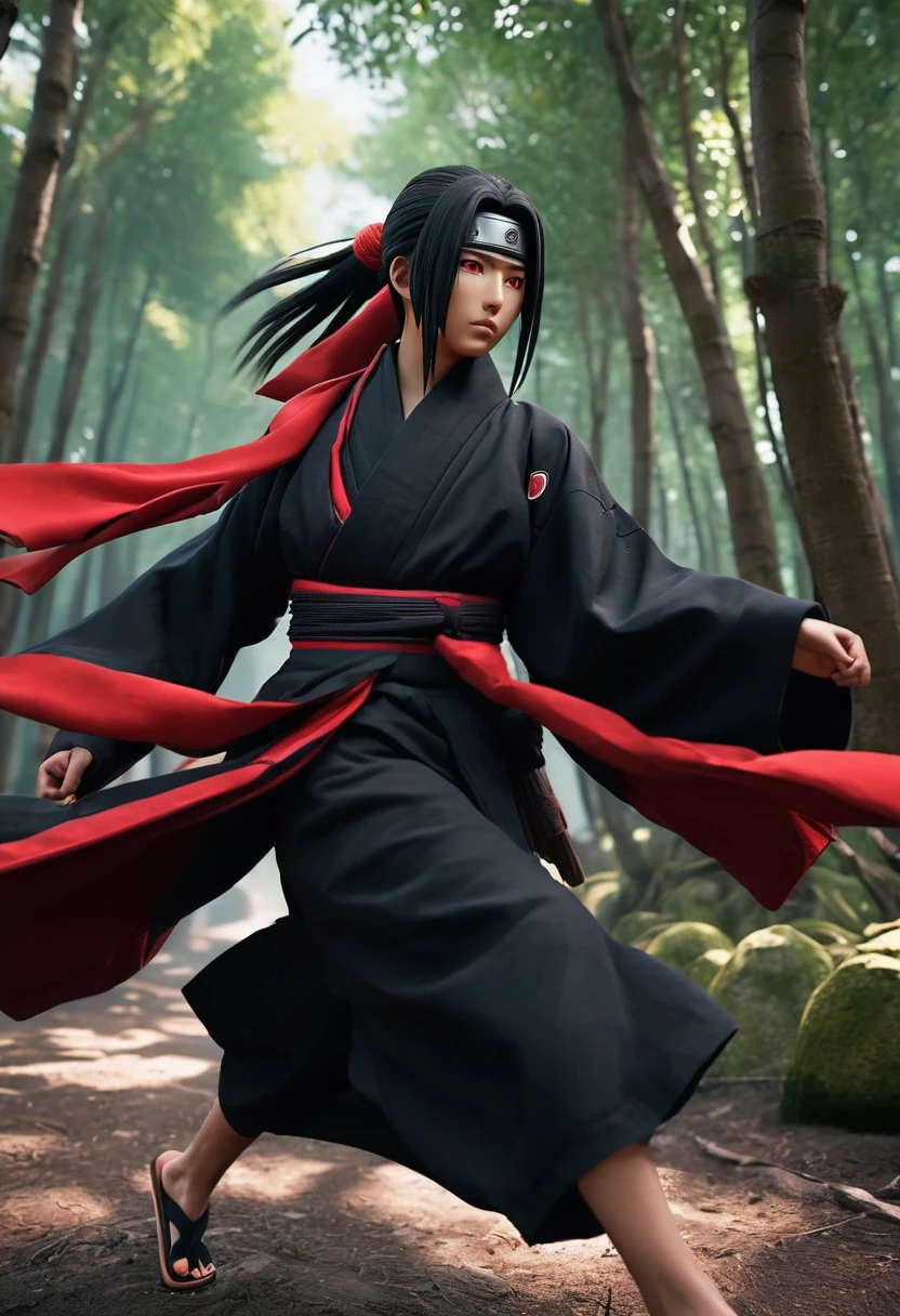 Itachi Uchiha dressed in his Akatsuki cloak, detailed facial features, expressive eyes and lips, strong and confident expression, long black hair with a ponytail, wearing the iconic Akatsuki robe with red clouds, sandals, Konoha headband with a slash through it, dynamic action pose, running in a forest, leaping across tree branches, shurikens and kunais in hand, energetic atmosphere, comic book style, cell shading effect, vibrant colors, contrasting black and red tones, dramatic lighting (best quality, highres), emphasis on shadows and highlights, crisp details and textures, HD rendering, perfectly rendered muscles and clothing, meticulously drawn facial expressions.