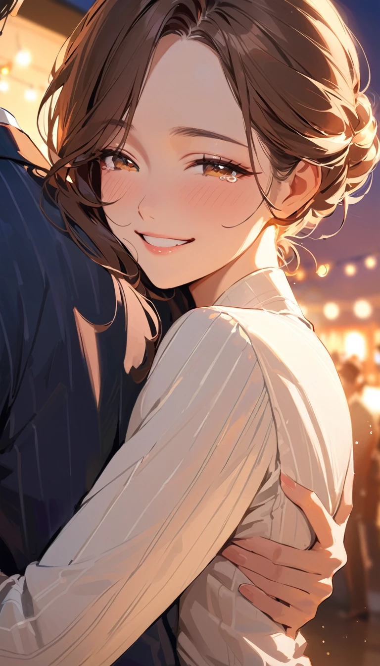 masterpiece, detail, best quality, a woman , Embracing the man facing you, Brown Hair, semi-long, Stylish clothing, smile, tears of gratitude, Happy atmosphere, evening