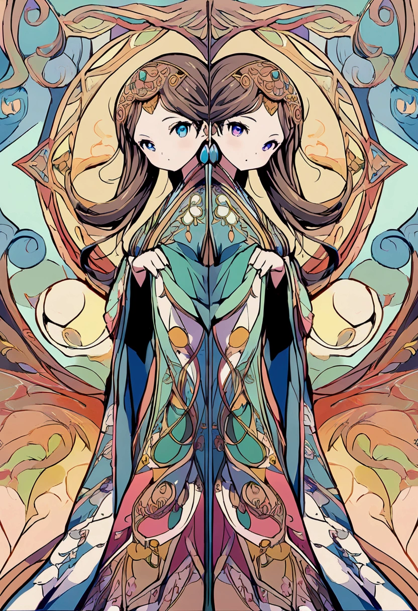 Mucha style background　gorgeous　A girl wearing a beautifully patterned kimono　Anime Style