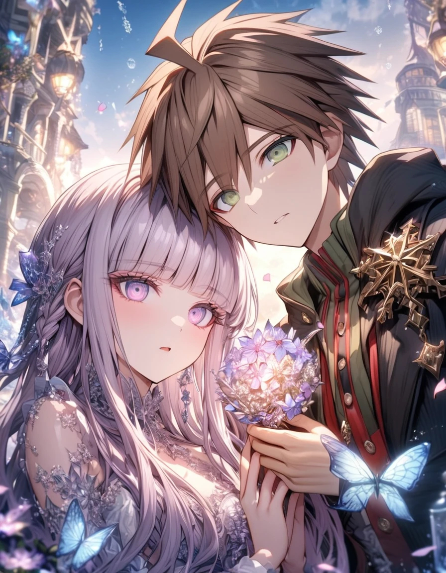 Ultra detailed, HDR, Highres, absurdres, master piece, Naegi Makoto, brown hair, expressive teal eyes, Kirigiri Kyouko, light lavender hair, expressive purple eyes, black clothes, Danganronpa, ice glittering butterflies, ice, petals, ice pink glass flowers, glittering, fantasy, magical, snowflakes, cold, a handsome man together with a beautiful woman, couple, love