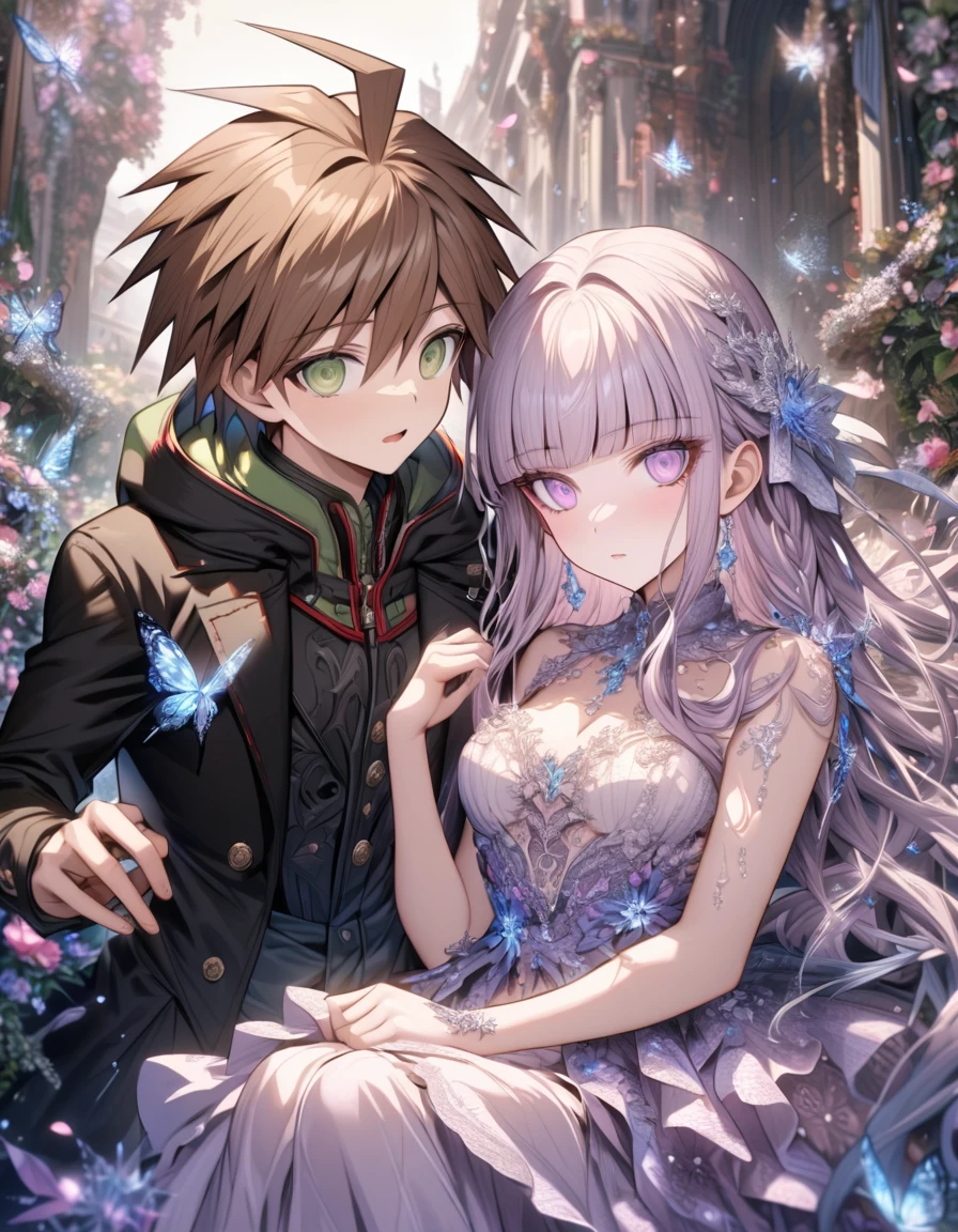 Ultra detailed, HDR, Highres, absurdres, master piece, Naegi Makoto, brown hair, expressive teal eyes, Kirigiri Kyouko, light lavender hair, expressive purple eyes, black clothes, Danganronpa, ice glittering butterflies, ice, petals, ice pink glass flowers, glittering, fantasy, magical, snowflakes, cold, a handsome man together with a beautiful woman, couple, love