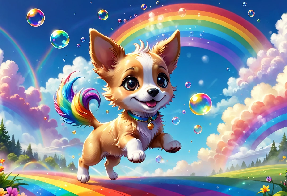 Fantasy illustrations，Cartoon animation，Puppy jumping on a rainbow，big ear，Star，Colorful Clouds，Fluffy Rainbow，Bubbles，Beautiful and dreamy