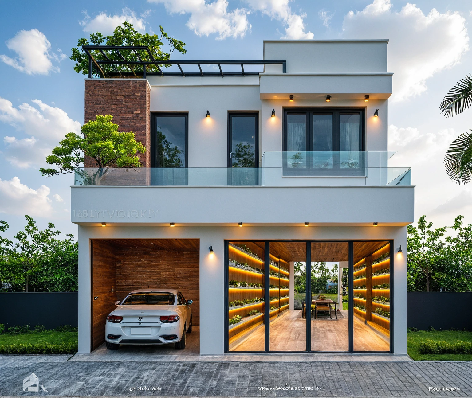 Masterpiece, high quality, best quality, authentic, super detailed, outdoor, aiaigroup, modern townhouse style, stairs, white wall combined with wood, wind encaustic tiles, iron gate, conwood ceiling, flowers, path, summer evening, grass, trees, sky, clouds, (daylight: 1.1)