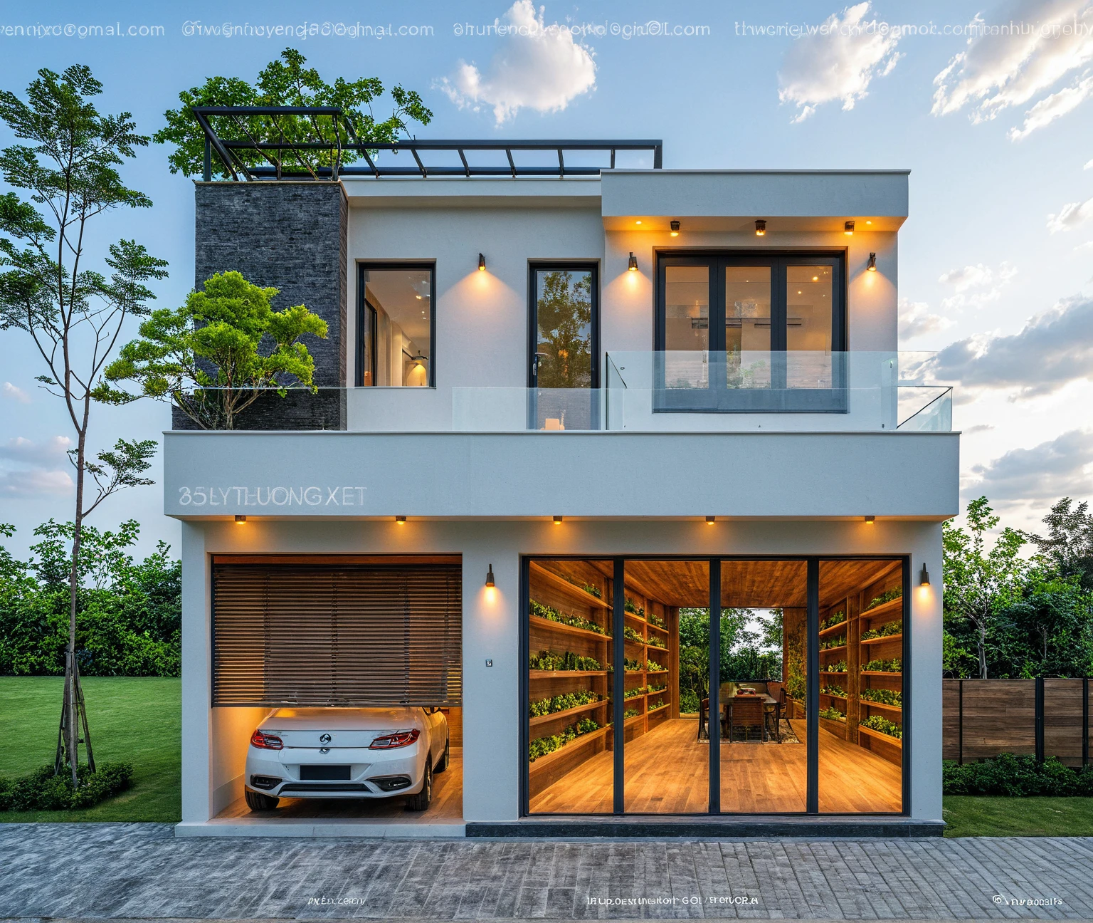Masterpiece, high quality, best quality, authentic, super detailed, outdoor, aiaigroup, modern townhouse style, stairs, white wall combined with wood, wind encaustic tiles, iron gate, conwood ceiling, flowers, path, summer evening, grass, trees, sky, clouds, (daylight: 1.1)
