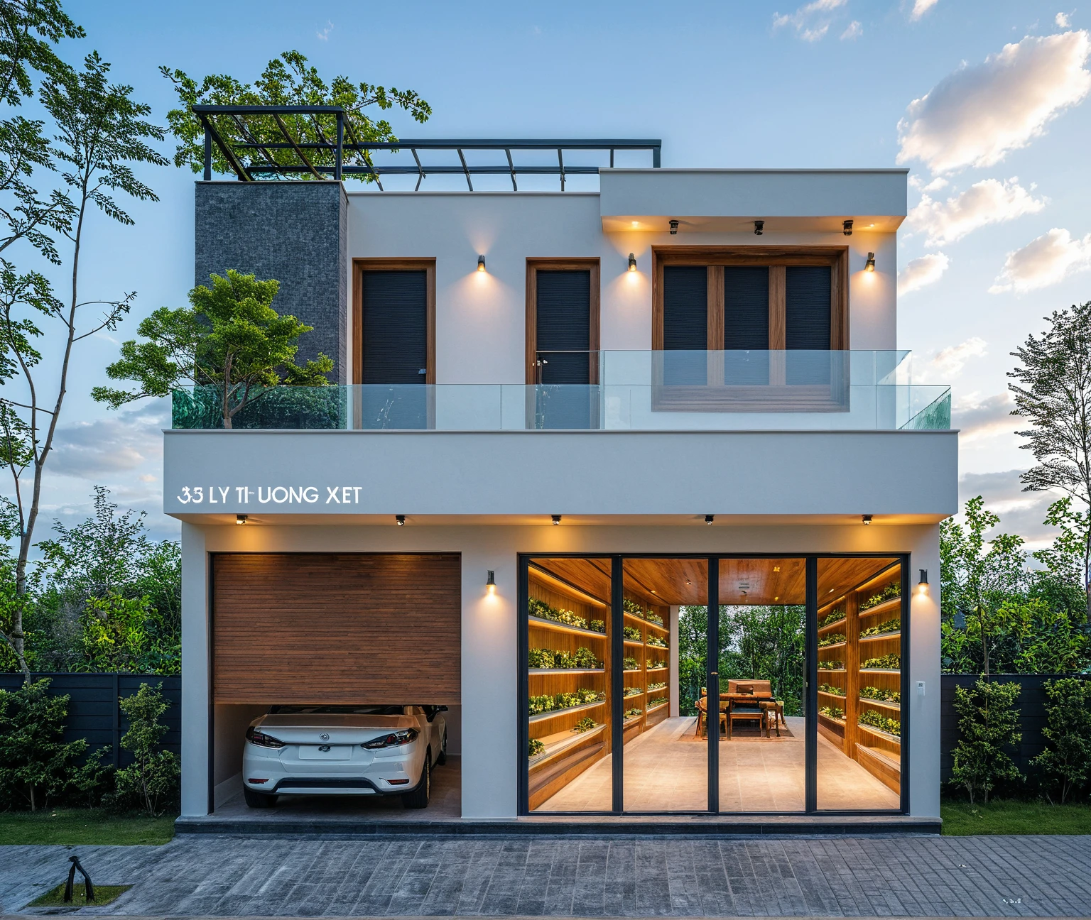 Masterpiece, high quality, best quality, authentic, super detailed, outdoor, aiaigroup, modern townhouse style, stairs, white wall combined with wood, wind encaustic tiles, iron gate, conwood ceiling, flowers, path, summer evening, grass, trees, sky, clouds, (daylight: 1.1)