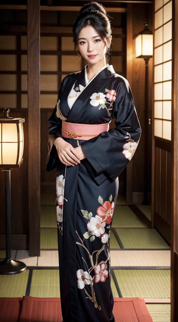 Bewitching beautiful mature woman、40 years、stature 154cm、well-proportioned figure、The figure of the hourglass、Japan in a yukata、Yukata at Japan Ryokan、Shoulder out、clavicle、model in Japan、Japan sensual woman, Gorgeous Japan Woman, goddess of Japan, A smile、Raw photo, (in 8K、top-quality、masterpiece:1.2)、(intricate detailes:1.4)、(Photorealsitic:1.4)、octane renderings、Complex 3D rendering ultra detail, studio lights, Rim Lights, vibrant detail, super detailing, realistic skin textures, Detail Face, Beautiful detail eyes, Very detailed CG Unity 16k wallpaper, make - up, (detailedbackground:1.2), shinny skin、