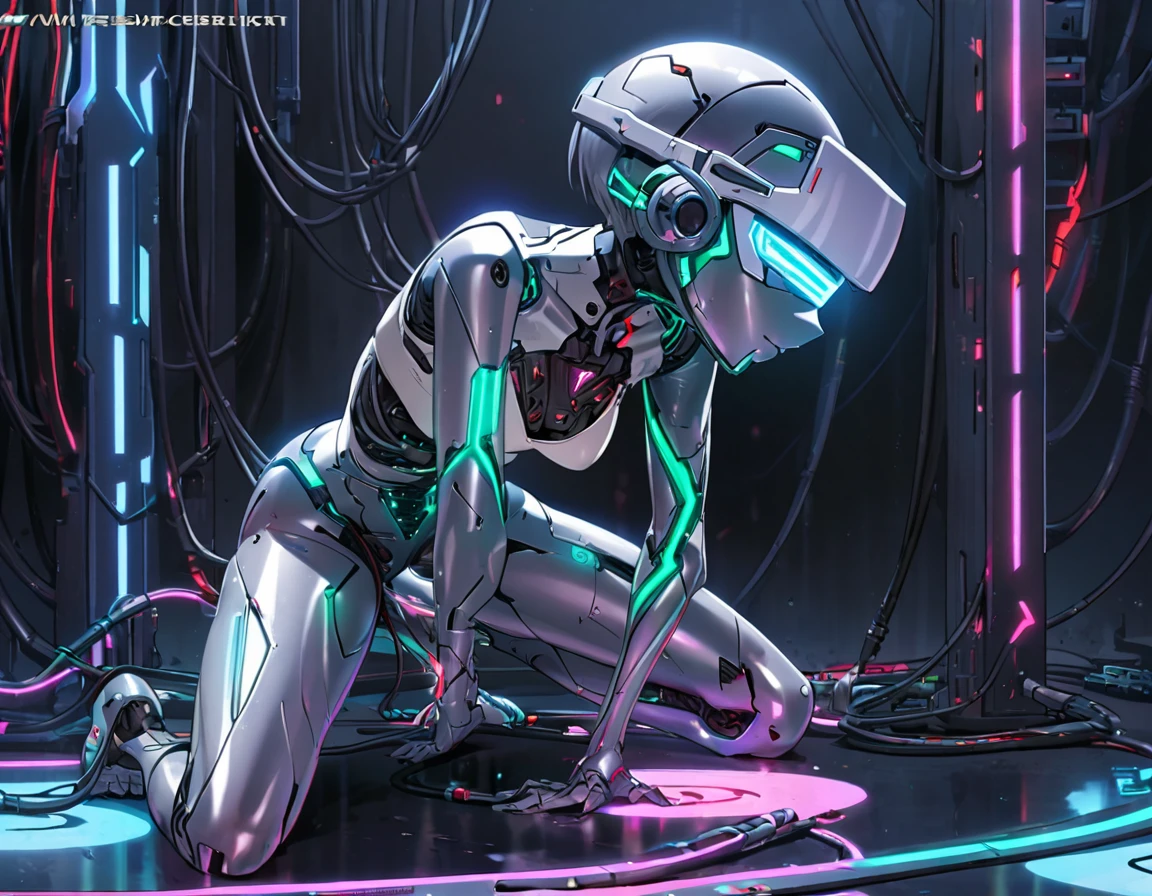 android girl(metallic skin, blindfolded use visor, cyber joint, estrus, kneeling), blacker light room, many cables, cable insert in ears hole,