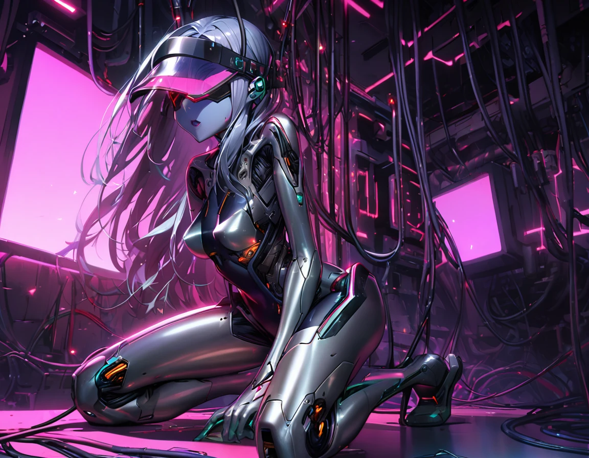 android girl(metallic skin, blindfolded use visor, cyber joint, estrus, kneeling), blacker light room, many cables, cable insert in ears hole,