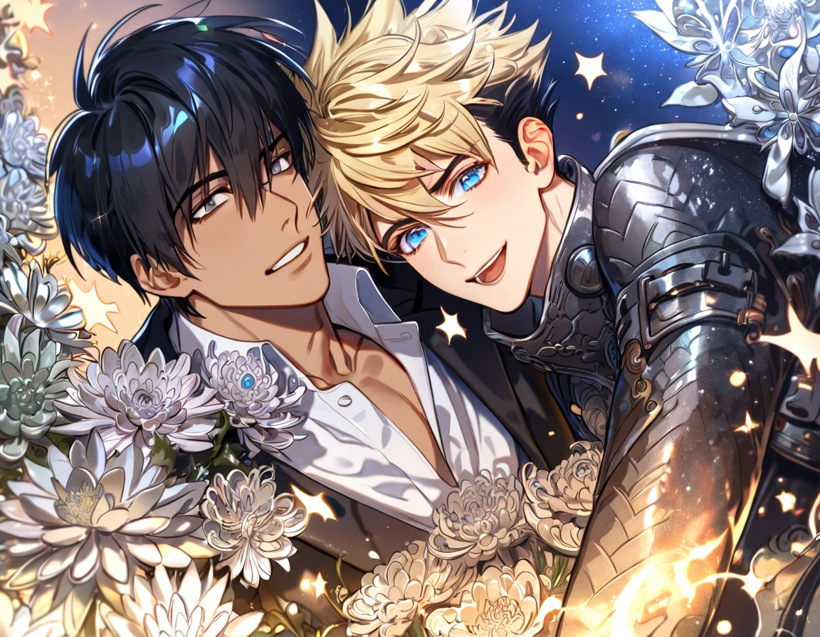 absurdres, highres, ultra detailed, HDR, master piece, best quality, extremely detailed, Nicholas D Wolfwood, black hair, expressive gray eyes, Trigun, Vash Stampede, blonde hair, expressive blue eyes, two sexy men together, yaoi, gay couple, handsome, smile, black jacket, black coat, fantasy, sparkling, silver glittering fireflies, silver moon, silver blossoms, silver chrysanthemums, silver sparkling lights, starry sky, magical