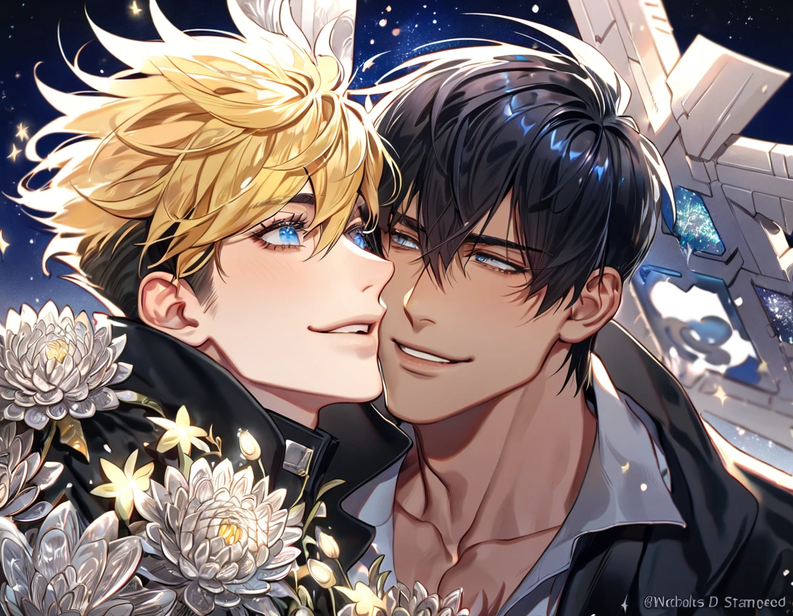 absurdres, highres, ultra detailed, HDR, master piece, best quality, extremely detailed, Nicholas D Wolfwood, black hair, expressive gray eyes, Trigun, Vash Stampede, blonde hair, expressive blue eyes, two sexy men together, yaoi, gay couple, handsome, smile, black jacket, black coat, fantasy, sparkling, silver glittering fireflies, silver moon, silver blossoms, silver chrysanthemums, silver sparkling lights, starry sky, magical