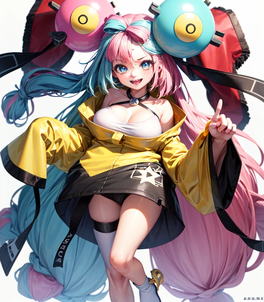 (Highest quality, masterpiece, Very detailedな, Very detailed, Exquisite, 16K,Full HD),(White Background:1.5),、Big Breasts,Pink hair and blue eyes、Yellow Jacket、Please raise your right hand、Lower your left hand、Stand only on your right foot、Raise your left leg。smile、Nanjamo,No text,(((Detailed fingers)))