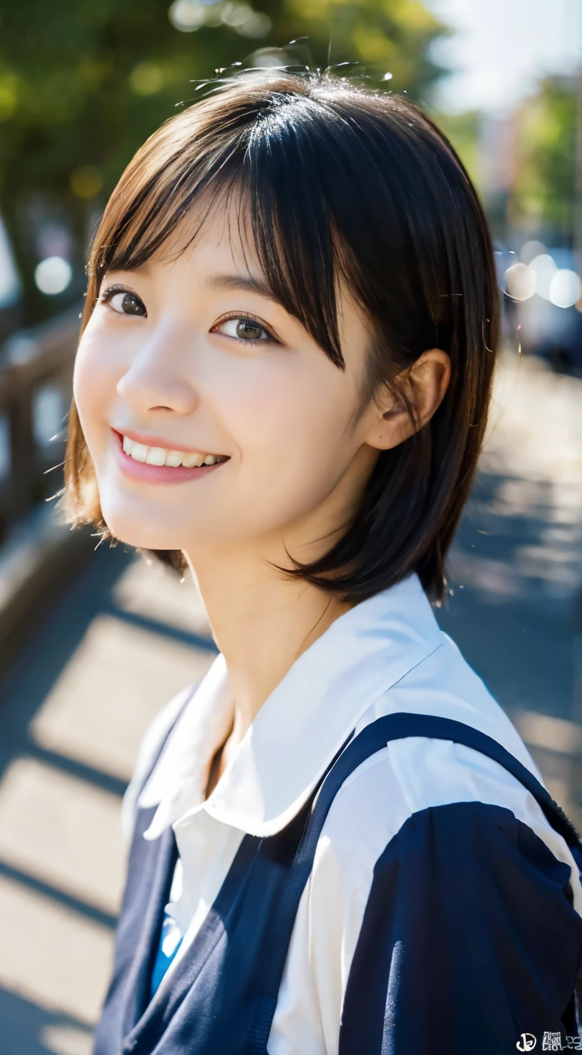 (Highest quality,8K quality,masterpiece:1.3,),(Ultra-high resolution,Photorealistic:1.4,RAW Photos),(Ultra-detailed,Caustics,Perfect Anatomy),(Detailed face,Ultra-Realistic Capture,Beautiful and detailed skin),((Jump:1.5)),(On the embankment),Blue sky on background,18-year-old,cute,Japanese Ido,Black-haired,Short Bob,single eyelid,Laughter,Looking into the camera,School Sailor Uniform,sunlight