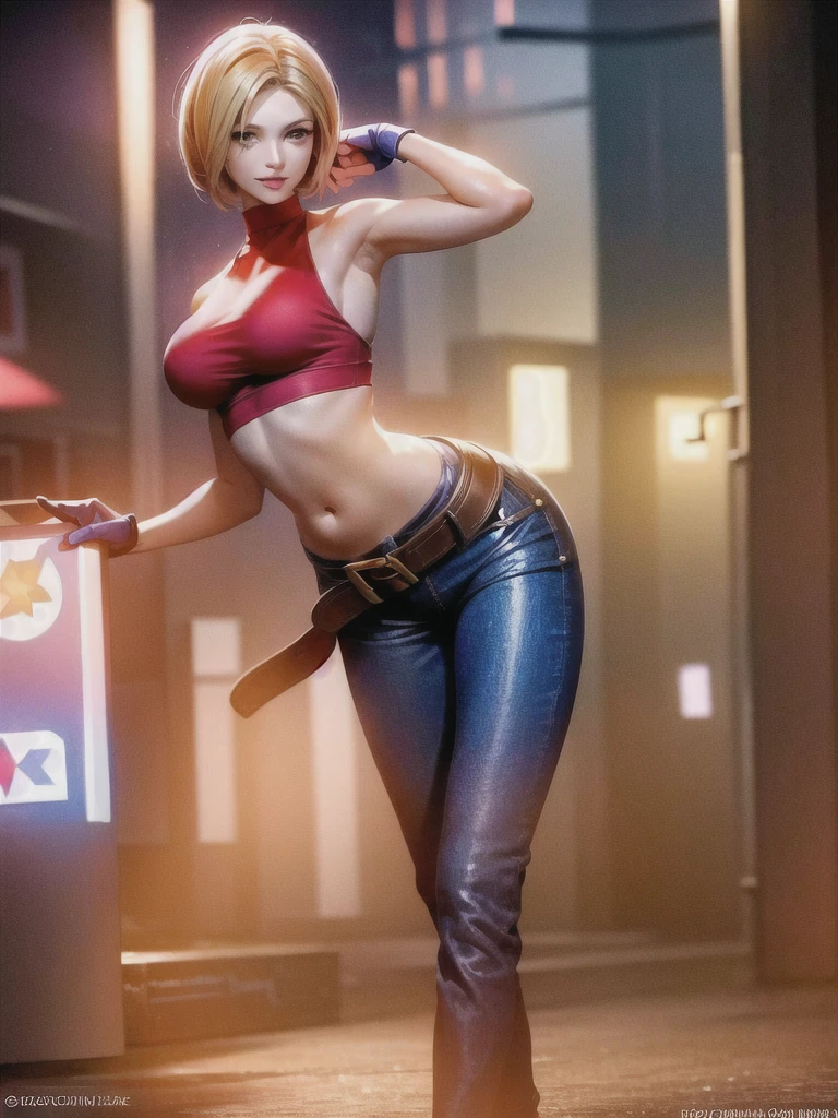 (at night), in a video game scene, a background of a beautiful city at night raining, standing at attention, red top, blue joggers, blue fingerless gloves, large brown belt hanging from her waist ((blonde hair )), 1 girl, alone, 20 years old, young woman, perfect hands, beautiful fingers, beautiful long legs, beautiful body, beautiful nose, beautiful character design, perfect face, looking at the viewer with serious gesture (focusing on her face) , closed mouth, Light_Smile, official art, extremely detailed CG unity 8k wallpaper, perfect lighting, bright and colorful front lighting, glowing skin (masterpiece: 1.0), (best_quality: 1.0), ultra high resolution, 4K, ultra photography detailed, 8K, HDR, high resolution, absurd:1.2, Kodak portra 400, film grain, blurred background, bokeh:1.2, lens flare, (vibrant_color:1.2), professional photography, (Beautiful, breasts: 1.4), ( beautiful_face: 1.5), (narrow waist),
