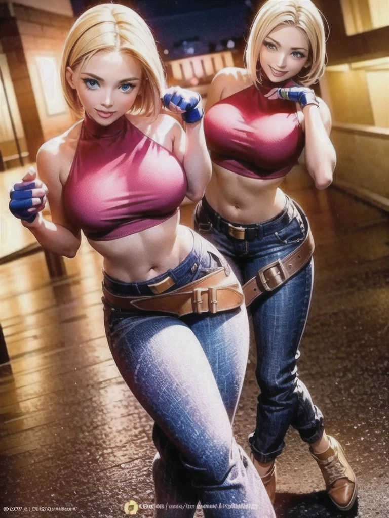 (at night), in a video game scene, a background of a beautiful city at night raining, standing at attention, red top, blue joggers, blue fingerless gloves, large brown belt hanging from her waist ((blonde hair )), 1 girl, alone, 20 years old, young woman, perfect hands, beautiful fingers, beautiful long legs, beautiful body, beautiful nose, beautiful character design, perfect face, looking at the viewer with serious gesture (focusing on her face) , closed mouth, Light_Smile, official art, extremely detailed CG unity 8k wallpaper, perfect lighting, bright and colorful front lighting, glowing skin (masterpiece: 1.0), (best_quality: 1.0), ultra high resolution, 4K, ultra photography detailed, 8K, HDR, high resolution, absurd:1.2, Kodak portra 400, film grain, blurred background, bokeh:1.2, lens flare, (vibrant_color:1.2), professional photography, (Beautiful, breasts: 1.4), ( beautiful_face: 1.5), (narrow waist),