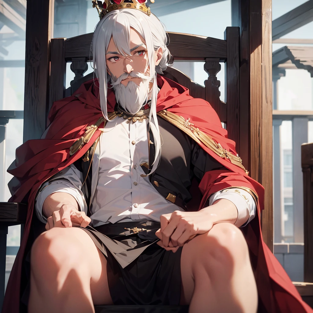 A 40 year old king, he is sitting on a throne in a red and white elegant castle, He has white hair and ruby eyes., He has a well-groomed beard and a wise, rugged face., He wears the clothes of a noble king with esoteric beliefs, black and white clothes and a red cape.
anime style illustration, HD, 4k , detailed and well done