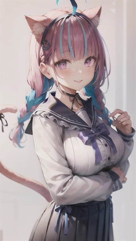 masterpiece, best quality, highres,  sidelighting, 1girl, minato aqua, virtual youtuber, tail, animal ears, cat ears, long hair, purple eyes, braid, ahoge, cat tail, skirt, multicolored hair, twin braids, blue hair,  two-tone hair, hairband, tail ornament, tail ribbon, pink hair, anchor hair ornament, ribbon, sailor collar, , pleated skirt, bow, cat girl, twintails, large breasts, bangs, upper body, smile,