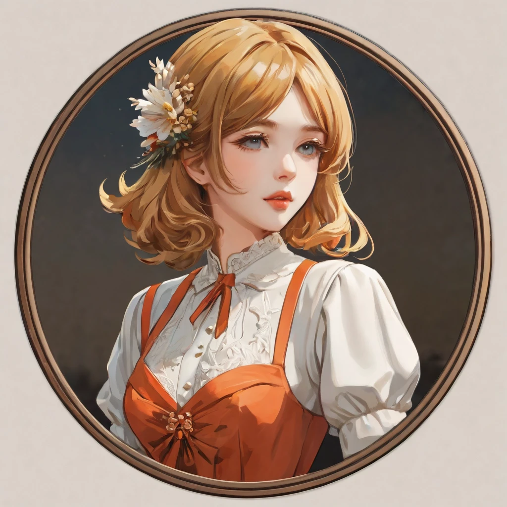(a sticker,),(3d anime girl),dress, elegance,Beautiful face,(At the bottom of the circle), (haddock border)(oil painting style), Ultra-detailed, Best Quality, Detailed diagram, vectorized, 8k, 专业a sticker设计, Graphic design, vector lines, a sticker, full hd