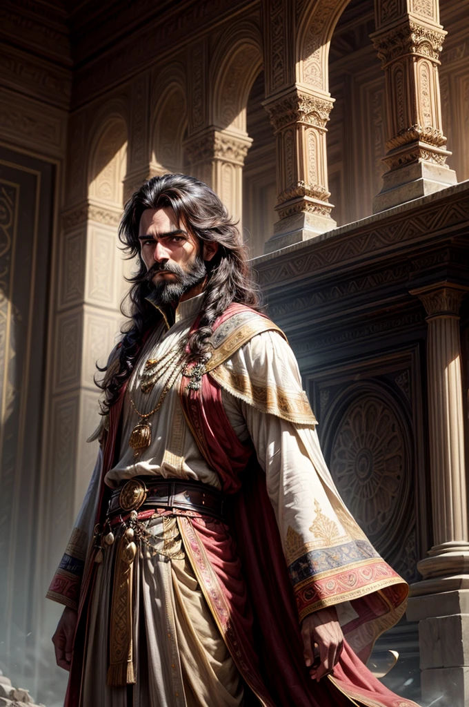 a king in a palace, luxurious royal palace, volumetric lighting, 8K resolution, photorrealistic, Ultra-high quality, opulent detailed background, medium length dark brown hair, Messy hair, full beard, wearing chic royal indian clothes, serious expression The Building of the Tower After the flood, people spread across the land. A group decided to settle in the plain of Shinar. oda, with great enthusiasm, began to build a city with a tower that reached the heavens. They worked tirelessly, molding bricks and using bitumen as mortar. The leader of the group, an ambitious man named Nimrod, inspired others to create a monument to their own greatness