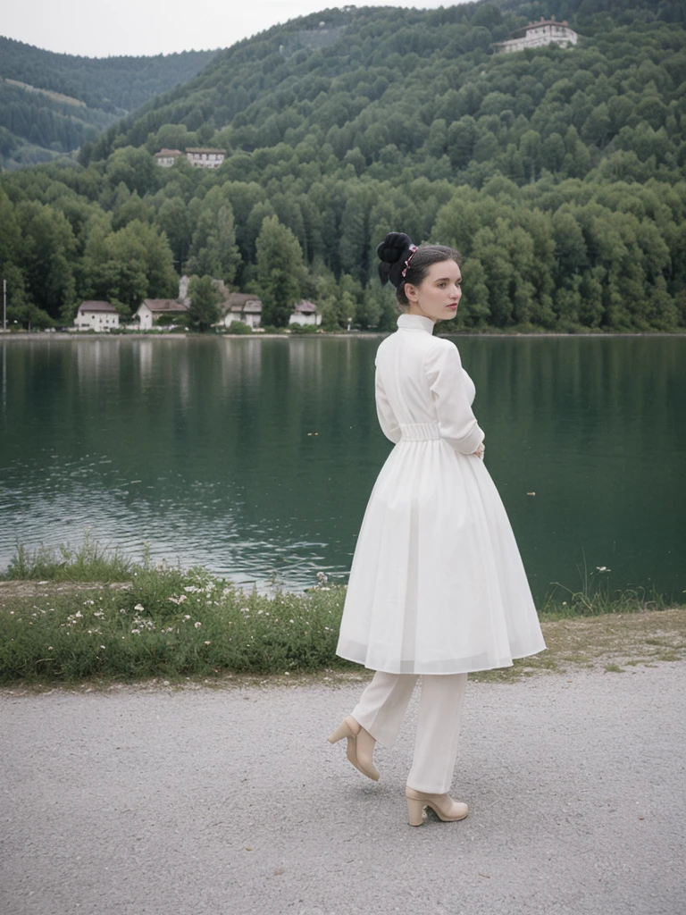 her name is Amelie, high quality, 1girl, ((25-year-old fit Caucasian woman)), ((25 years old)), ((BODY TYPE: HOURGLASS)), ((Space Buns HAIR)), pose: STANDING, wearing IN DEMAND FANCY Generation-Z modern wear VARIETY colored, BACKGROUND: "Strolling through the idyllic lakeside village with its picturesque alpine backdrop and charming historic houses."
