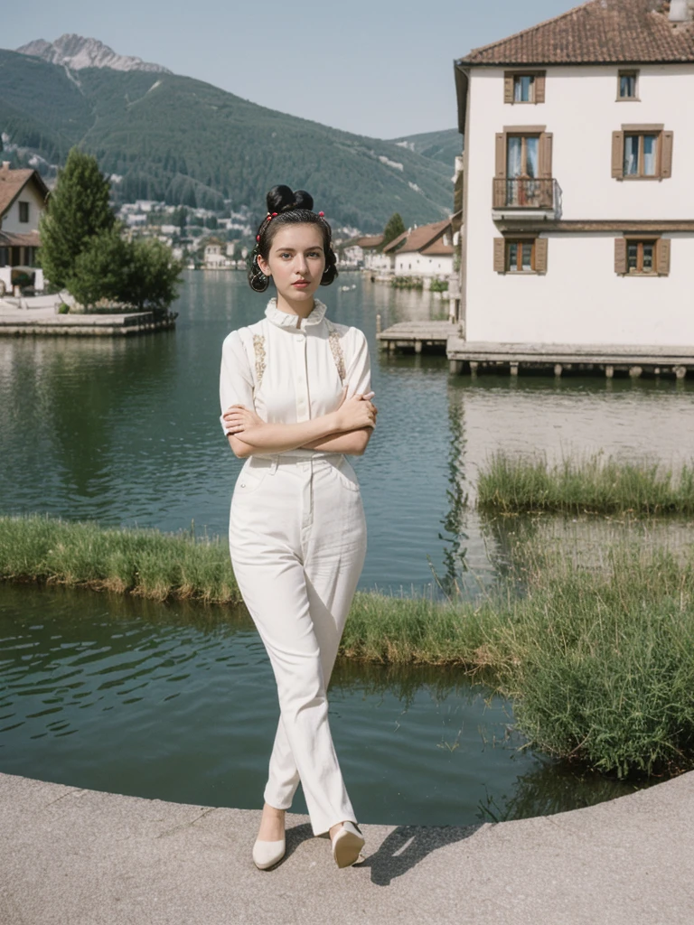 her name is Amelie, high quality, 1girl, ((25-year-old fit Caucasian woman)), ((25 years old)), ((BODY TYPE: HOURGLASS)), ((Space Buns HAIR)), pose: STANDING, wearing IN DEMAND FANCY Generation-Z modern wear VARIETY colored, BACKGROUND: "Strolling through the idyllic lakeside village with its picturesque alpine backdrop and charming historic houses."