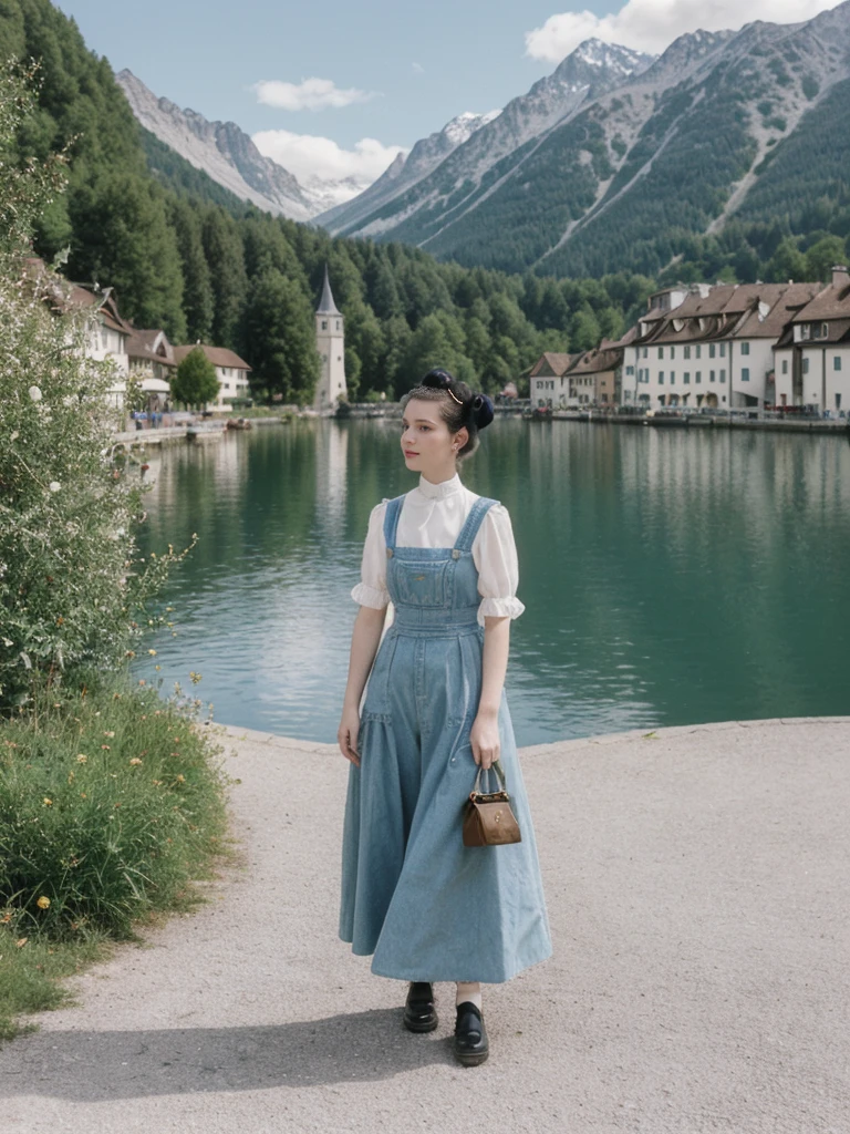 her name is Amelie, high quality, 1girl, ((25-year-old fit Caucasian woman)), ((25 years old)), ((BODY TYPE: HOURGLASS)), ((Space Buns HAIR)), pose: STANDING, wearing IN DEMAND FANCY Generation-Z modern wear VARIETY colored, BACKGROUND: "Strolling through the idyllic lakeside village with its picturesque alpine backdrop and charming historic houses."