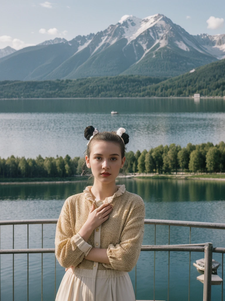 her name is Amelie, high quality, 1girl, ((25-year-old fit Caucasian woman)), ((25 years old)), ((BODY TYPE: HOURGLASS)), ((Space Buns HAIR)), pose: STANDING, wearing IN DEMAND FANCY Generation-Z modern wear VARIETY colored, BACKGROUND: "Strolling through the idyllic lakeside village with its picturesque alpine backdrop and charming historic houses."