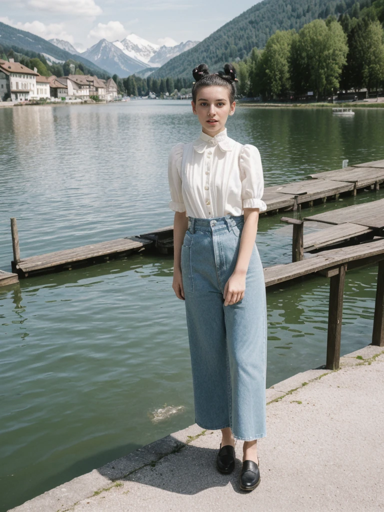 her name is Amelie, high quality, 1girl, ((25-year-old fit Caucasian woman)), ((25 years old)), ((BODY TYPE: HOURGLASS)), ((Space Buns HAIR)), pose: STANDING, wearing IN DEMAND FANCY Generation-Z modern wear VARIETY colored, BACKGROUND: "Strolling through the idyllic lakeside village with its picturesque alpine backdrop and charming historic houses."