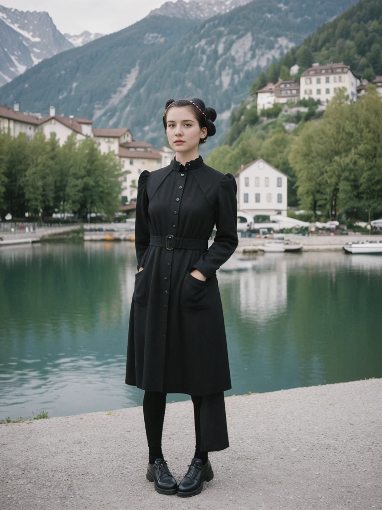 her name is Amelie, high quality, 1girl, ((25-year-old fit Caucasian woman)), ((25 years old)), ((BODY TYPE: HOURGLASS)), ((Space Buns HAIR)), pose: STANDING, wearing IN DEMAND FANCY Generation-Z modern wear VARIETY colored, BACKGROUND: "Strolling through the idyllic lakeside village with its picturesque alpine backdrop and charming historic houses."