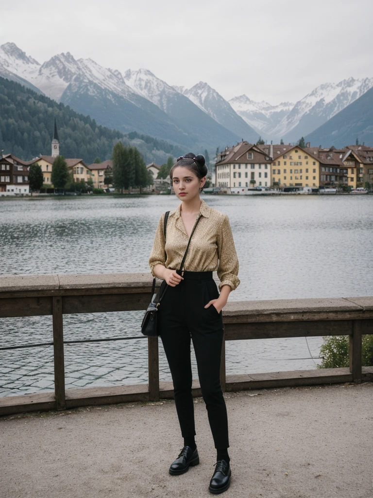 her name is Amelie, high quality, 1girl, ((25-year-old fit Caucasian woman)), ((25 years old)), ((BODY TYPE: HOURGLASS)), ((Space Buns HAIR)), pose: STANDING, wearing IN DEMAND FANCY Generation-Z modern wear VARIETY colored, BACKGROUND: "Strolling through the idyllic lakeside village with its picturesque alpine backdrop and charming historic houses."