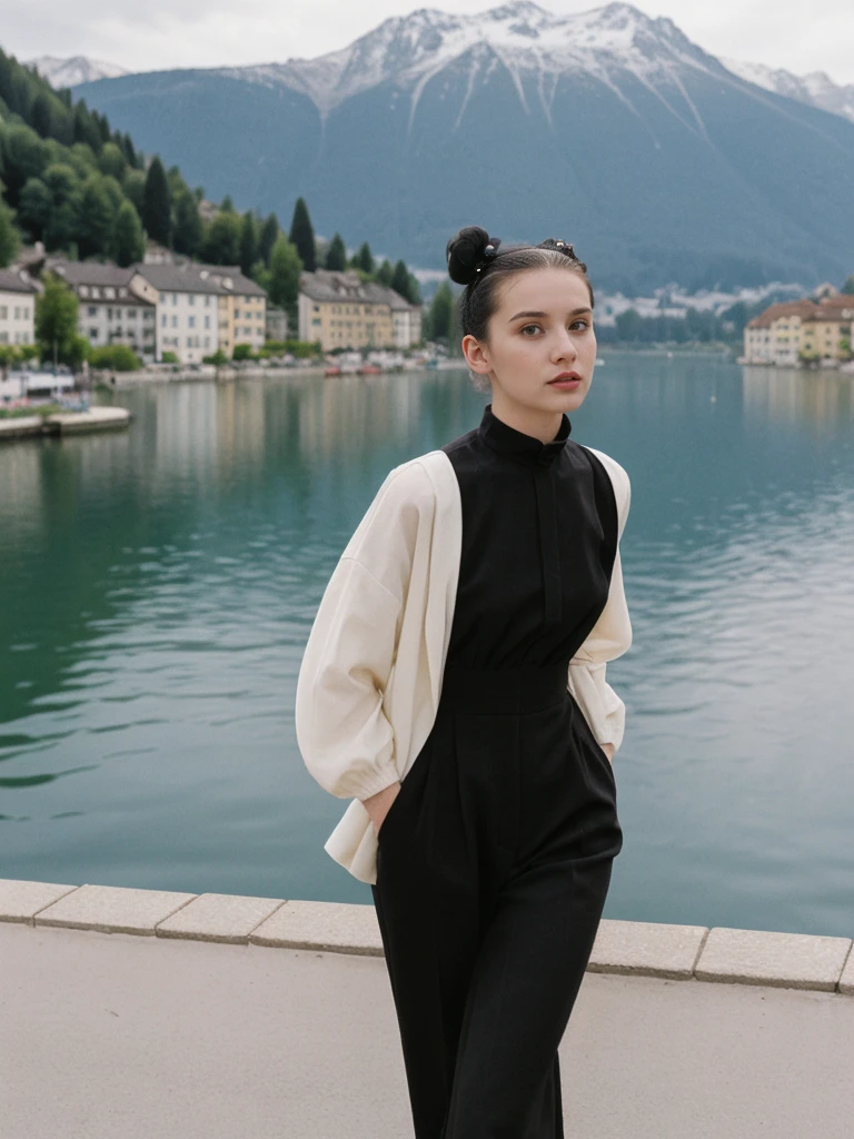 her name is Amelie, high quality, 1girl, ((25-year-old fit Caucasian woman)), ((25 years old)), ((BODY TYPE: HOURGLASS)), ((Space Buns HAIR)), pose: STANDING, wearing IN DEMAND FANCY Generation-Z modern wear VARIETY colored, BACKGROUND: "Strolling through the idyllic lakeside village with its picturesque alpine backdrop and charming historic houses."