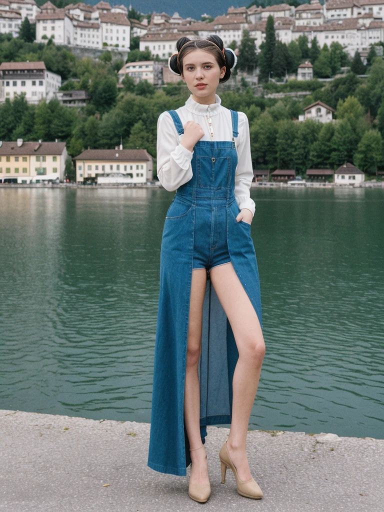 her name is Amelie, high quality, 1girl, ((25-year-old fit Caucasian woman)), ((25 years old)), ((BODY TYPE: HOURGLASS)), ((Space Buns HAIR)), pose: STANDING, wearing IN DEMAND FANCY Generation-Z modern wear VARIETY colored, BACKGROUND: "Strolling through the idyllic lakeside village with its picturesque alpine backdrop and charming historic houses."