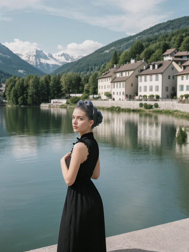 her name is Amelie, high quality, 1girl, ((25-year-old fit Caucasian woman)), ((25 years old)), ((BODY TYPE: HOURGLASS)), ((Space Buns HAIR)), pose: STANDING, wearing IN DEMAND FANCY Generation-Z modern wear VARIETY colored, BACKGROUND: "Strolling through the idyllic lakeside village with its picturesque alpine backdrop and charming historic houses."