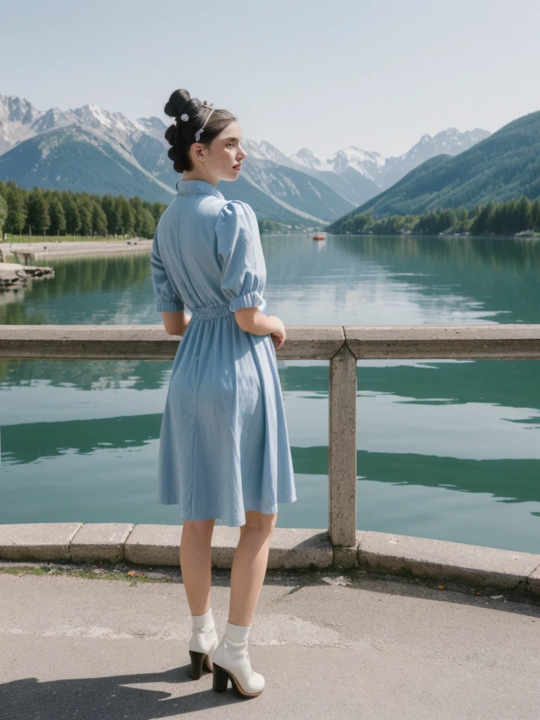 her name is Amelie, high quality, 1girl, ((25-year-old fit Caucasian woman)), ((25 years old)), ((BODY TYPE: HOURGLASS)), ((Space Buns HAIR)), pose: STANDING, wearing IN DEMAND FANCY Generation-Z modern wear VARIETY colored, BACKGROUND: "Strolling through the idyllic lakeside village with its picturesque alpine backdrop and charming historic houses."