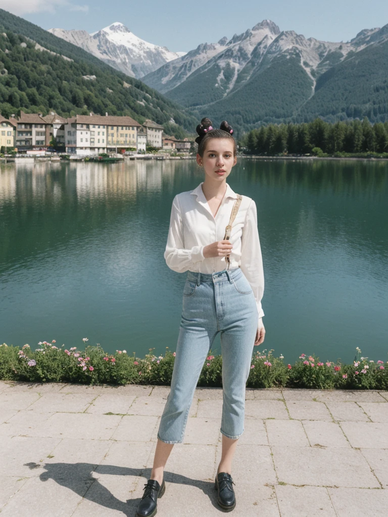 her name is Amelie, high quality, 1girl, ((25-year-old fit Caucasian woman)), ((25 years old)), ((BODY TYPE: HOURGLASS)), ((Space Buns HAIR)), pose: STANDING, wearing IN DEMAND FANCY Generation-Z modern wear VARIETY colored, BACKGROUND: "Strolling through the idyllic lakeside village with its picturesque alpine backdrop and charming historic houses."