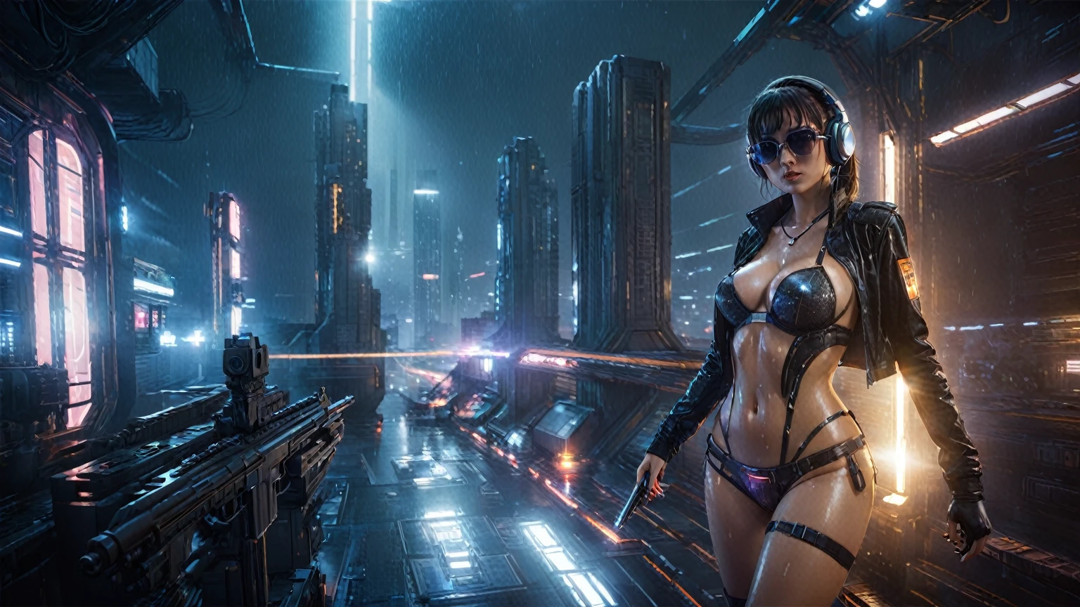 (((aerial view))), Blade Runner style futuristic space station platform, neon lights, rainy night. (1girl, solo, alone), large-breast:1.2 slim body, cleavage:1.1, sexy laced lingerie with wet jacket, headphone, (black sunglasses), (((she raised a pistol:1.8 and shot:1.8 the viewer))), dynamic pose, (((half-body thigh level medium shot))), cinematic lighting, lens flare, ray tracing, blurred:1.4 background.