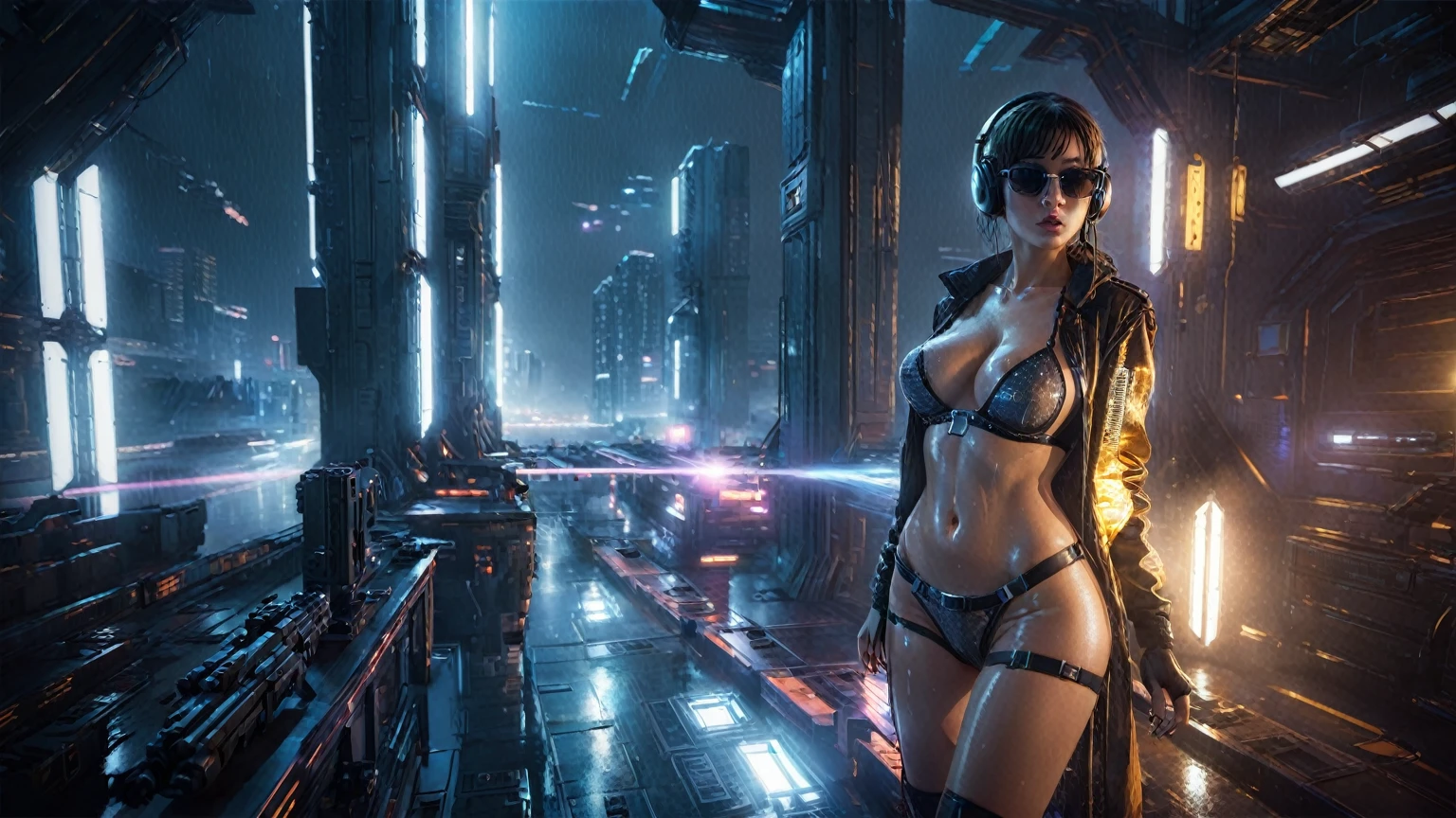 (((aerial view))), Blade Runner style futuristic space station platform, neon lights, rainy night. (1girl, solo, alone), large-breast:1.2 slim body, cleavage:1.1, sexy laced lingerie with wet jacket, headphone, (black sunglasses), (((she raised a pistol:1.8 and shot:1.8 the viewer))), dynamic pose, (((half-body thigh level medium shot))), cinematic lighting, lens flare, ray tracing, blurred:1.4 background.