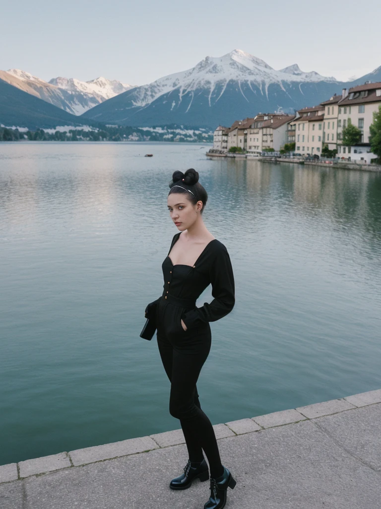 her name is Amelie, high quality, 1girl, ((25-year-old fit Caucasian woman)), ((25 years old)), ((BODY TYPE: HOURGLASS)), ((Space Buns HAIR)), pose: STANDING, wearing IN DEMAND FANCY Generation-Z modern wear VARIETY colored, BACKGROUND: "Strolling through the idyllic lakeside village with its picturesque alpine backdrop and charming historic houses."