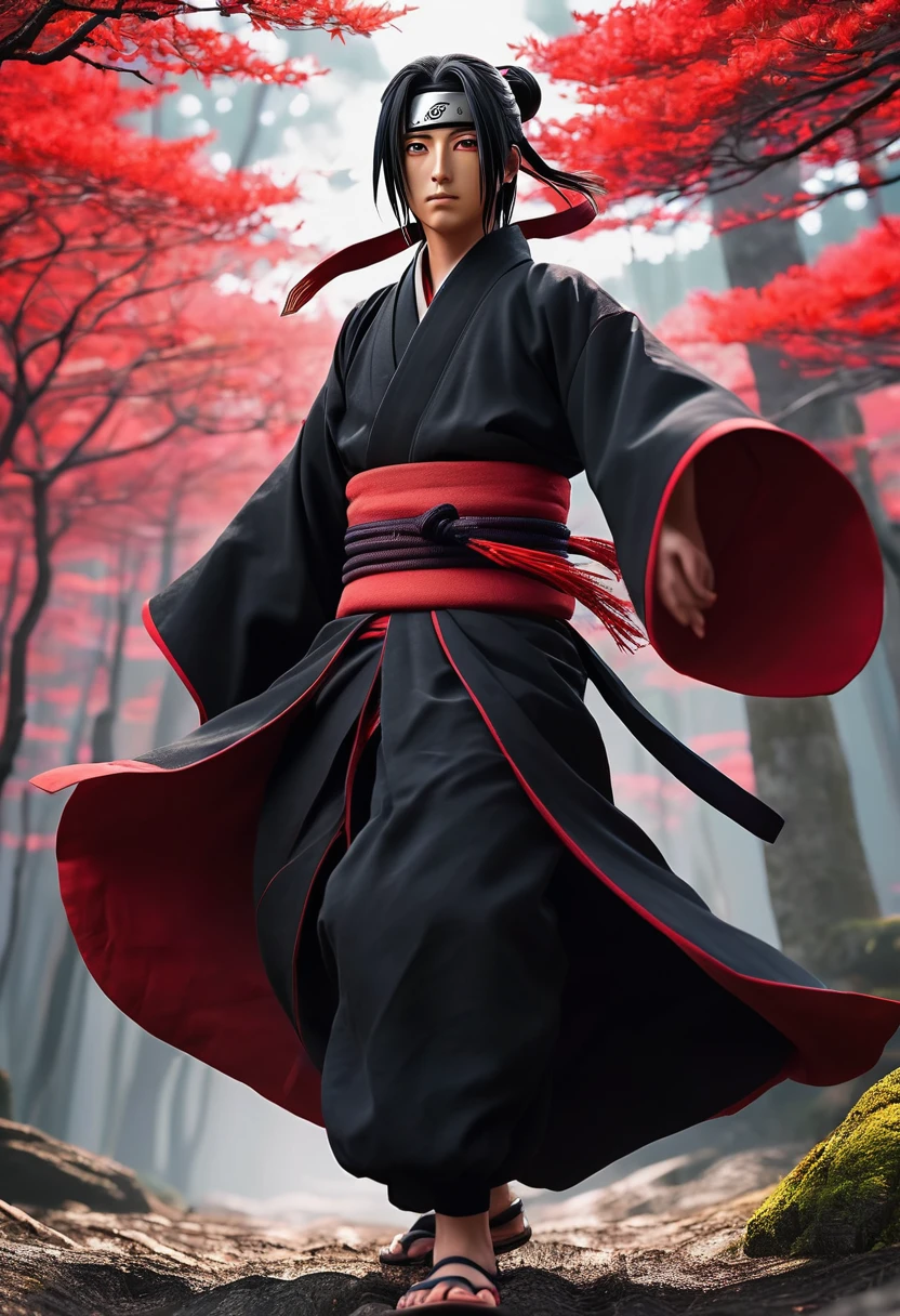 Itachi Uchiha dressed in his Akatsuki cloak, detailed facial features, expressive eyes and lips, strong and confident expression, long black hair with a ponytail, wearing the iconic Akatsuki robe with red clouds, sandals, Konoha headband with a slash through it, dynamic action pose, running in a forest, leaping across tree branches, shurikens and kunais in hand, energetic atmosphere, comic book style, cell shading effect, vibrant colors, contrasting black and red tones, dramatic lighting (best quality, highres), emphasis on shadows and highlights, crisp details and textures, HD rendering, perfectly rendered muscles and clothing, meticulously drawn facial expressions.