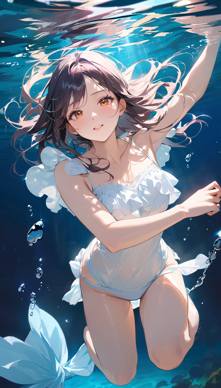 Verism, super detail, best quality, award winning, masterpiece A woman, wear white blouse, Diving underwater, Swim like a mermaid, The water shining overhead