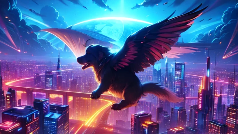 top quality, future world,  dog flying in sky, wings, 