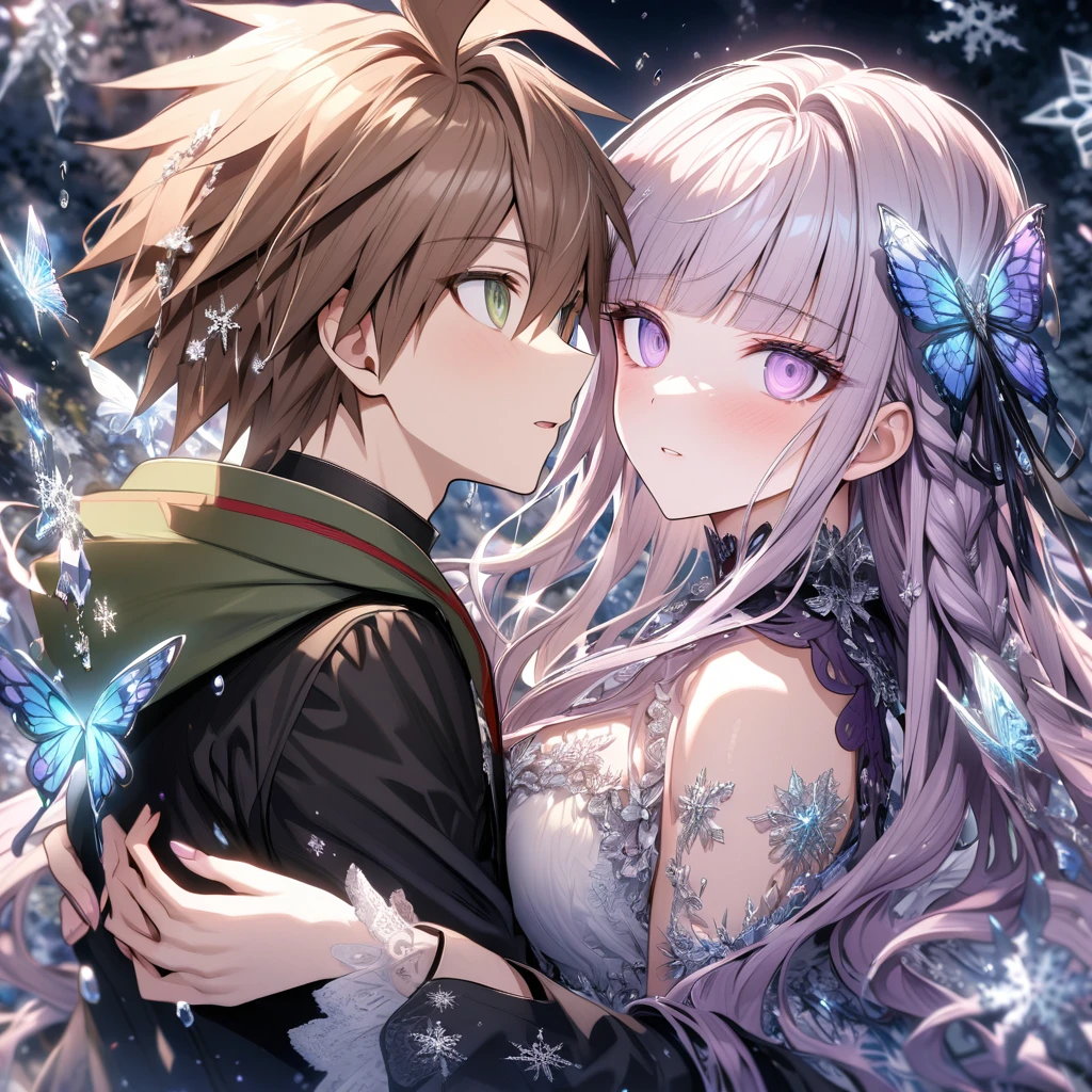 Ultra detailed, HDR, Highres, absurdres, master piece, Naegi Makoto, brown hair, expressive teal eyes, Kirigiri Kyouko, light lavender hair, expressive purple eyes, black clothes, Danganronpa, ice glittering butterflies, ice, petals, ice pink glass flowers, glittering, fantasy, magical, snowflakes, cold, a handsome man together with a beautiful woman, couple, love