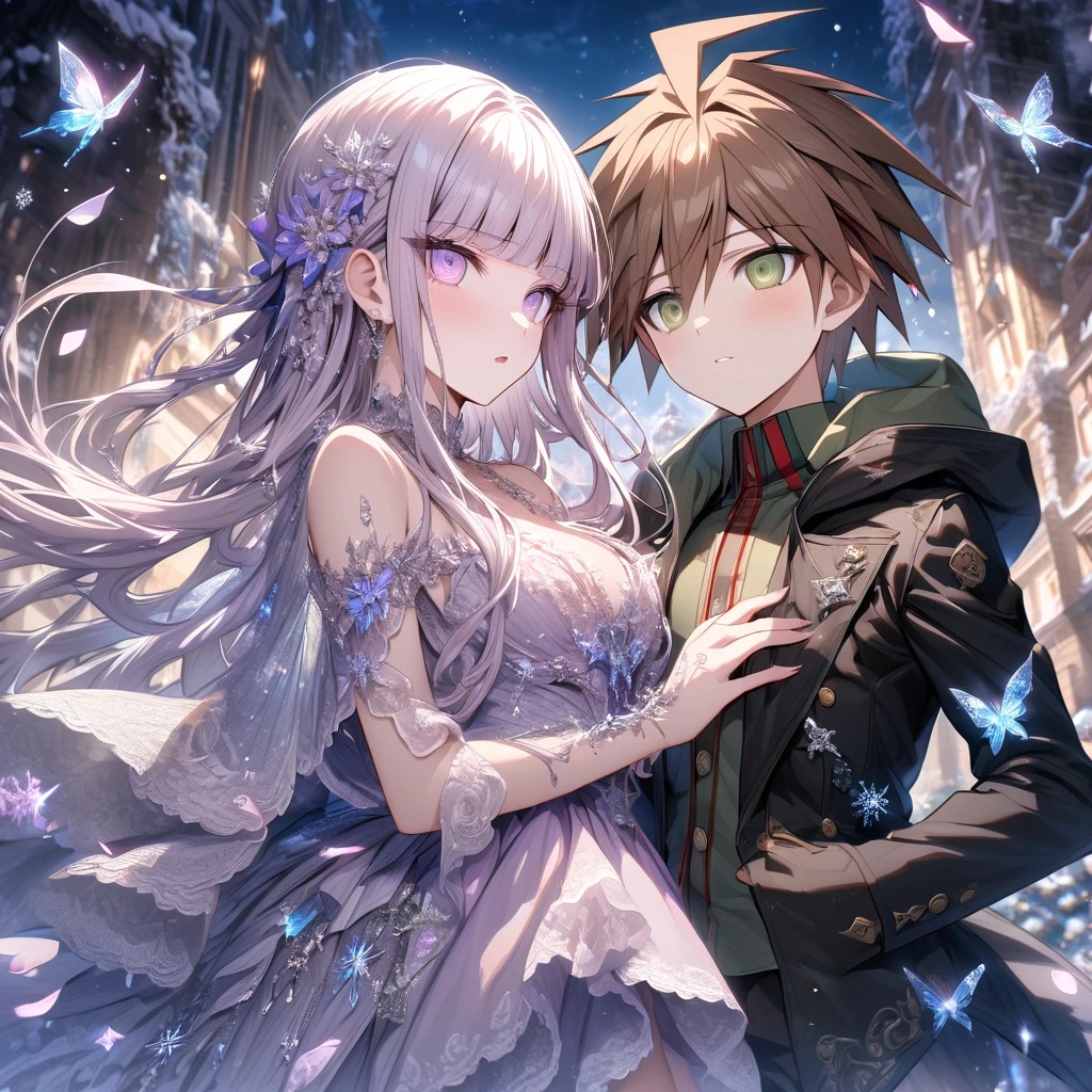 Ultra detailed, HDR, Highres, absurdres, master piece, Naegi Makoto, brown hair, expressive teal eyes, Kirigiri Kyouko, light lavender hair, expressive purple eyes, black clothes, Danganronpa, ice glittering butterflies, ice, petals, ice pink glass flowers, glittering, fantasy, magical, snowflakes, cold, a handsome man together with a beautiful woman, couple, love