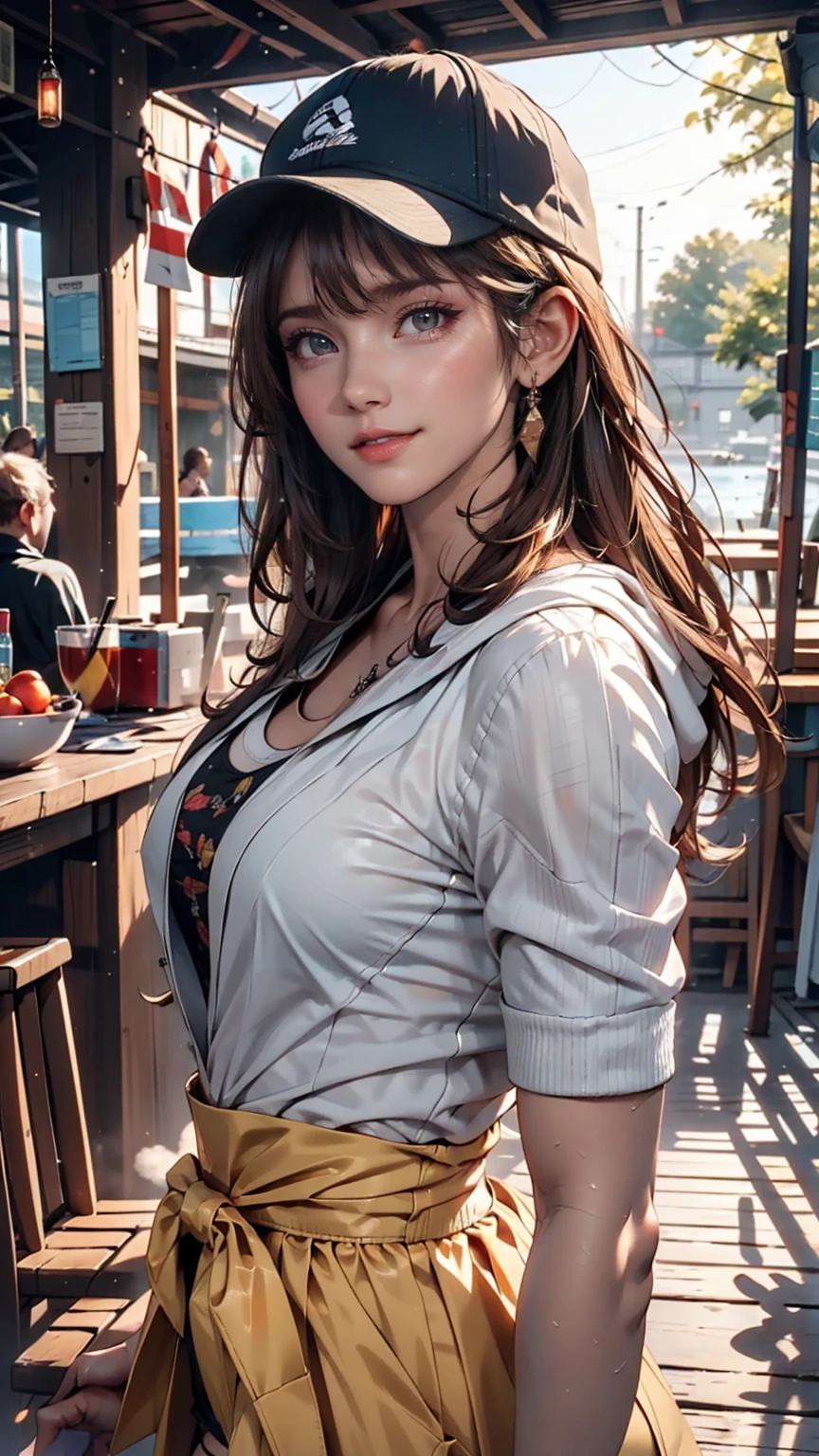 Medium Shot, Medium Shot, Depth of written boundary, bust, Upper Body, Movie angle, masterpiece, Highest quality, Very detailed, CG, 8k wallpaper, Pretty face, Delicate eyes, country々, alone, Long white hair, Yellow Eyes, hairpin, White shirt, black hooded jacket, Black baseball cap, Black Stockings, Black knee-high boots, sunset, 中世のport, port, Detailed water surface, Sun reflection、24-year-old woman、Sexy proportionature female body、Sexy proportionakeup、Lips with red lipstick、Textured skin((textured skin))、smile、Narrow waist