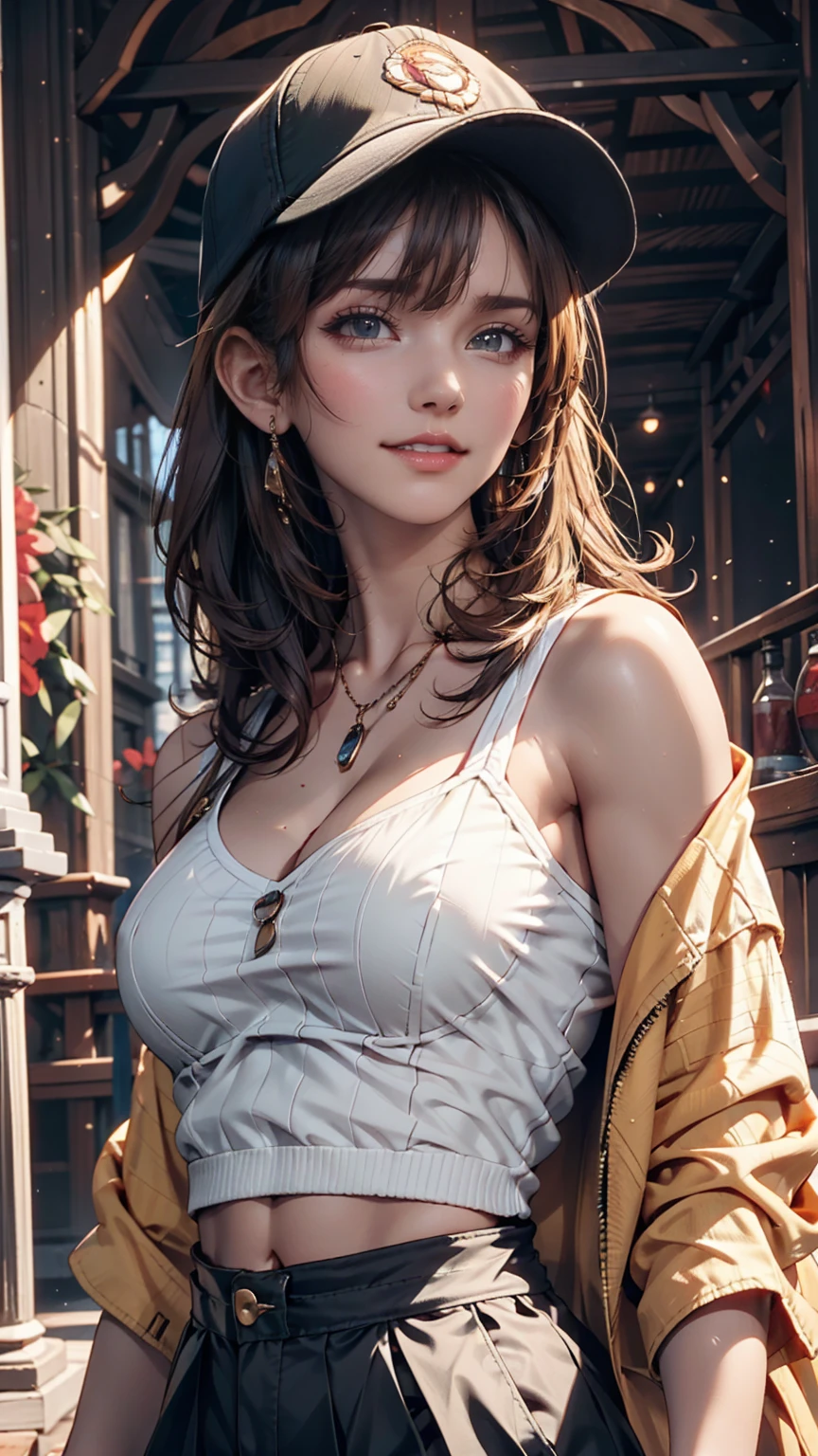 Medium Shot, Medium Shot, Depth of written boundary, bust, Upper Body, Movie angle, masterpiece, Highest quality, Very detailed, CG, 8k wallpaper, Pretty face, Delicate eyes, country々, alone, Long white hair, Yellow Eyes, hairpin, White shirt, black hooded jacket, Black baseball cap, Black Stockings, Black knee-high boots, sunset, 中世のport, port, Detailed water surface, Sun reflection、24-year-old woman、Sexy proportionature female body、Sexy proportionakeup、Lips with red lipstick、Textured skin((textured skin))、smile、Narrow waist