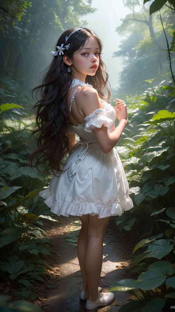 (rear view, backside view),Jenna Ortega as Alice Wonderland , con vestido corto Alice in Wonderland , (forest background tenebroso rojo:1.4) , score_9, score_8_above, score_7_above, score_6_above, Classification_explicit, 1 girl, ((18 years:1.2)), adult, full lips, big light eyes, light blue eyes, ((by rubio:1)), (long wavy hair: 1.2),(Jenna Ortega as Alice Wonderland :1.4), (Jenna Ortega as Alicia V2.1), (Face details: 1.5, bright blue eyes, beautiful face, pretty eyes, iris coating, thin lips: 1.5, delgado, pale and sharp eyebrows, long, dark eyelashes, double tabs),(skulls on the ground), (showing panties :1.4), (forest background tenebroso :1.4),( perfect breasts), (beautiful weight), (short white Lolita dress :1.4), (forest background tenebroso rojo :1.4), (Alice in Wonderland:1.4), ( forest background :1.4),( fingers detailed:1.4 ), (Alice in Wonderland:1.4),( Alice in Wonderland V2.1),( background falling rain :1.4), (anatomía perfecta :1.4), (pose vaquero)