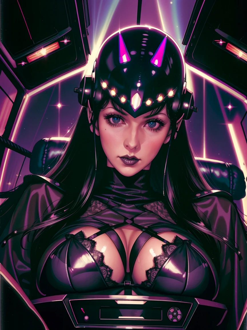 (((gothic vampire piloting) in gothic spacecraft)), (((retro anime))), ((from below)), ((120 fov)), ((((gothic)) control panels)), ((())), (((gothic))), (iridescent) bodysuit, ((((lace accessories)))), ((pilot seat)), ((((lying back)) pose)), (((elegant))), (((serious tone))), ((cockpip control panel)), intricate control panel details, close-up, 1990s (style), masterpiece, ((claustrophobic)), best quality, screens, ((pilot helmet)), night, ((lkey light)), (colorful cockpit lightsparkles, (dramatic lighting), sweat, [blushing], [[pointy ears]], (dark background)