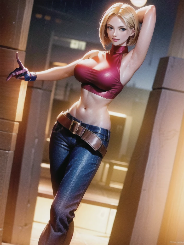 (at night), in a video game scene, a background of a beautiful city at night raining, standing at attention, red top, blue joggers, blue fingerless gloves, large brown belt hanging from her waist ((blonde hair )), 1 girl, alone, 20 years old, young woman, perfect hands, beautiful fingers, beautiful long legs, beautiful body, beautiful nose, beautiful character design, perfect face, looking at the viewer with serious gesture (focusing on her face) , closed mouth, Light_Smile, official art, extremely detailed CG unity 8k wallpaper, perfect lighting, bright and colorful front lighting, glowing skin (masterpiece: 1.0), (best_quality: 1.0), ultra high resolution, 4K, ultra photography detailed, 8K, HDR, high resolution, absurd:1.2, Kodak portra 400, film grain, blurred background, bokeh:1.2, lens flare, (vibrant_color:1.2), professional photography, (Beautiful, breasts: 1.4), ( beautiful_face: 1.5), (narrow waist),
