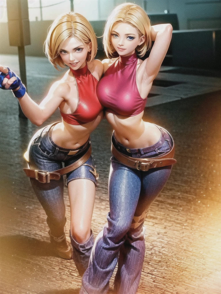 (at night), in a video game scene, a background of a beautiful city at night raining, standing at attention, red top, blue joggers, blue fingerless gloves, large brown belt hanging from her waist ((blonde hair )), 1 girl, alone, 20 years old, young woman, perfect hands, beautiful fingers, beautiful long legs, beautiful body, beautiful nose, beautiful character design, perfect face, looking at the viewer with serious gesture (focusing on her face) , closed mouth, Light_Smile, official art, extremely detailed CG unity 8k wallpaper, perfect lighting, bright and colorful front lighting, glowing skin (masterpiece: 1.0), (best_quality: 1.0), ultra high resolution, 4K, ultra photography detailed, 8K, HDR, high resolution, absurd:1.2, Kodak portra 400, film grain, blurred background, bokeh:1.2, lens flare, (vibrant_color:1.2), professional photography, (Beautiful, breasts: 1.4), ( beautiful_face: 1.5), (narrow waist),
